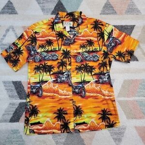 Ky's Men's Orange Cotton Hawaiian Shirt Motorcycles Palm Trees Size Large